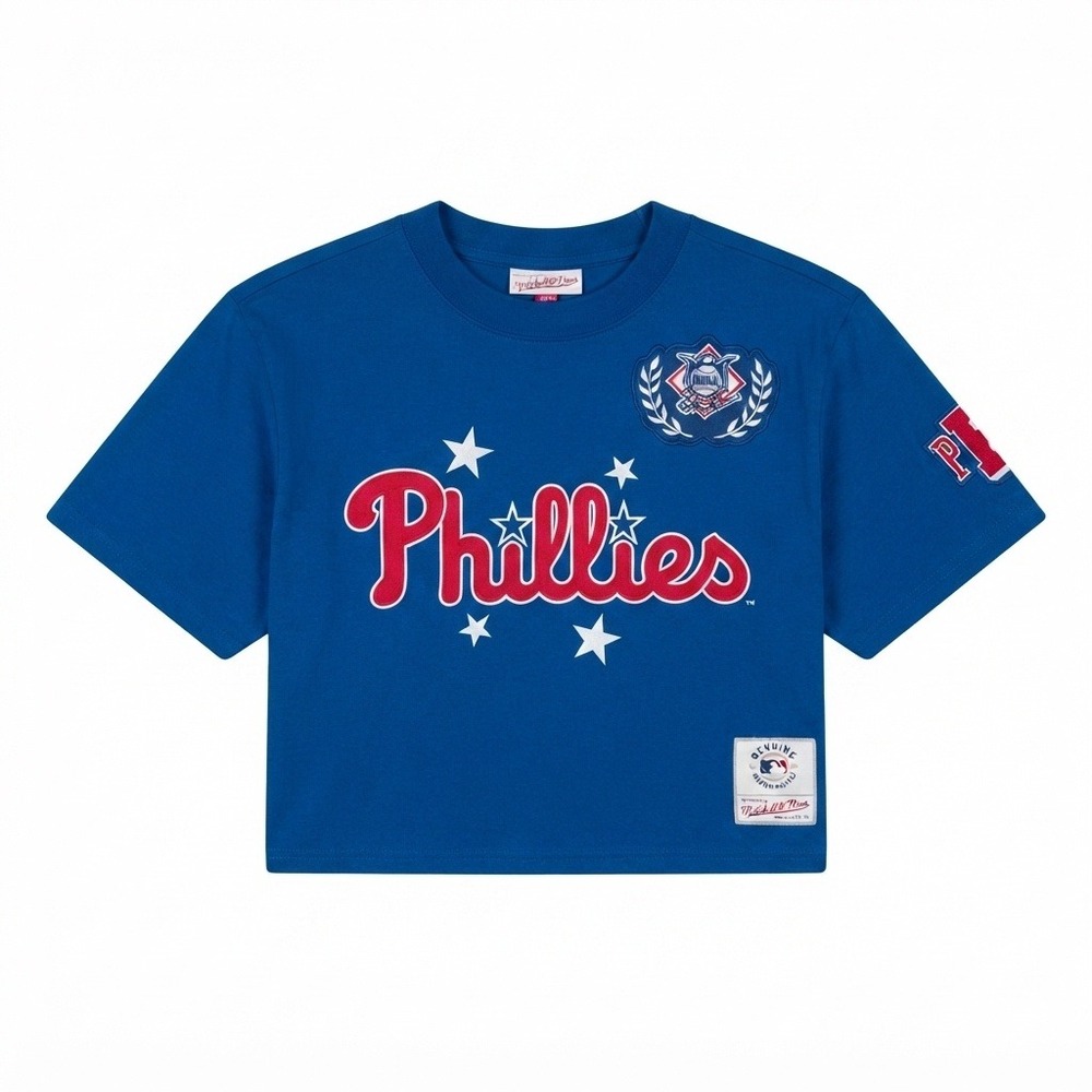 Philadelphia Phillies Mitchell & Ness Pep Rally Crop T-Shirt Womens M Blue MLB